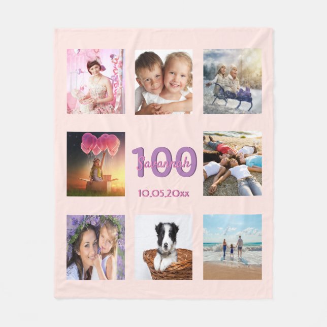 100th birthday blush rose gold name photo collage fleece blanket (Front)