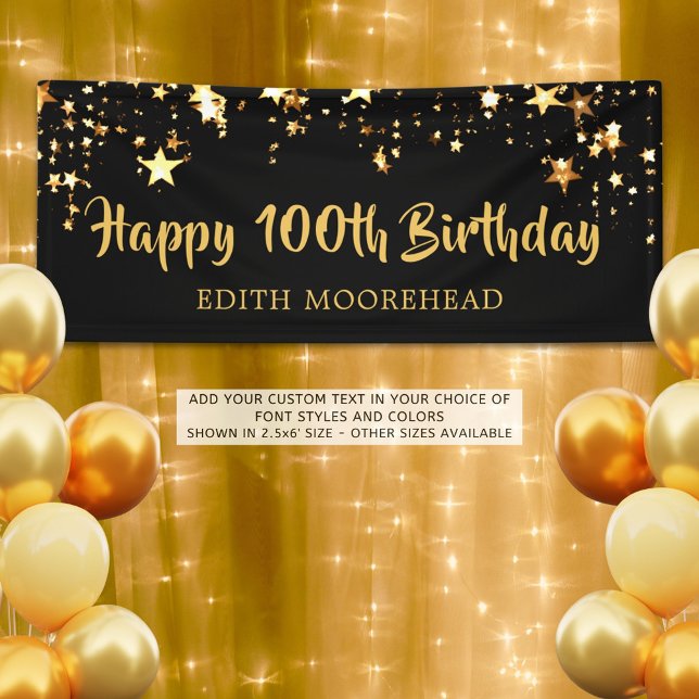 100th Birthday Brush Script Black Gold Stars Banner (Creator Uploaded)