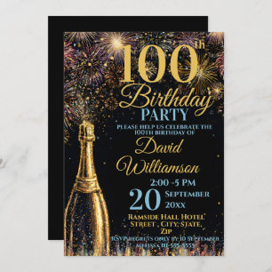 100th Birthday Bubbly Fireworks Gold Blue Invitation