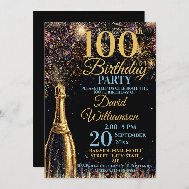 100th Birthday Bubbly Fireworks Gold Blue Invitation (Front/Back)