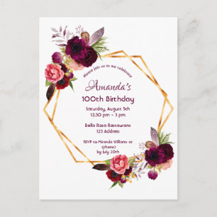 100th birthday burgundy floral gold invitation postcard