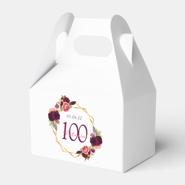 100th birthday burgundy florals geometric white favour box (Front Side)