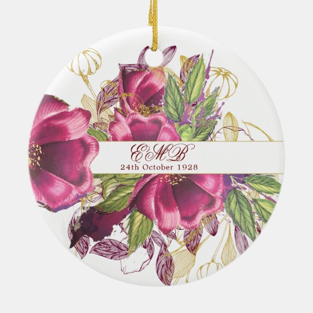 100th Birthday Burgundy Gold Floral Elegant Chic Ceramic Ornament (Back)