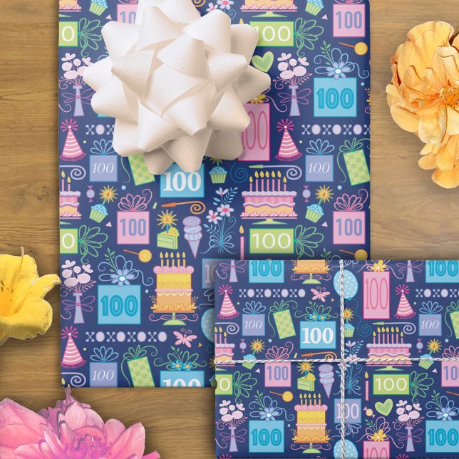 100th Birthday Cake Presents Balloons Blue Wrapping Paper Sheet (Creator Uploaded)