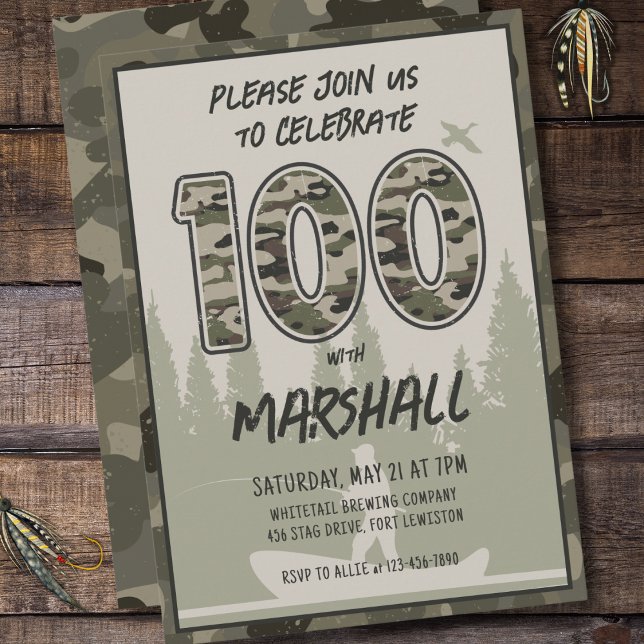 100th Birthday Camouflage Woodland Forest Invitation (Creator Uploaded)