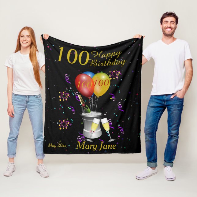 100th Birthday Celebration Black Gold Fleece Blanket (In Situ)