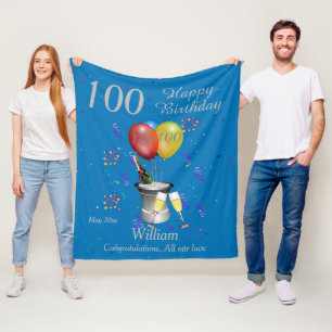 100th Birthday Champagne Blue Fleece Blanket