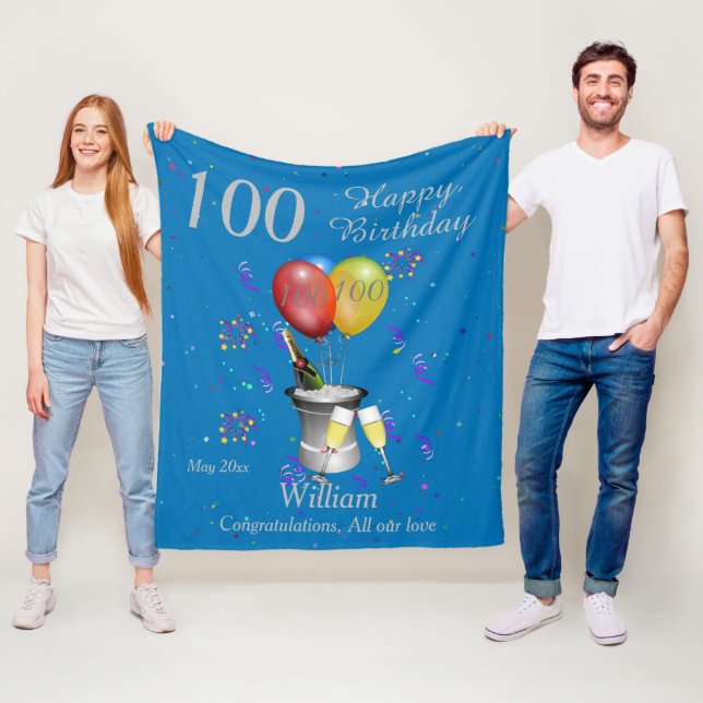 100th Birthday Champagne Blue Fleece Blanket (In Situ)