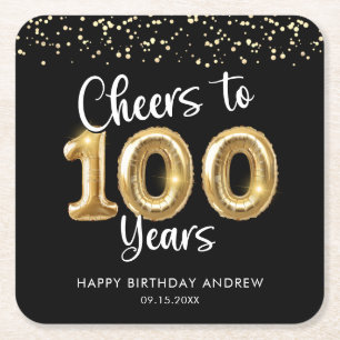 100th Birthday Cheers to 100 Years Black Gold Square Paper Coaster