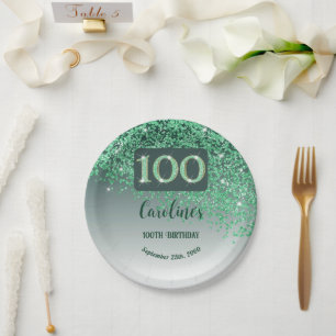 100th Birthday Chic Falling Green Glitter Paper Plate