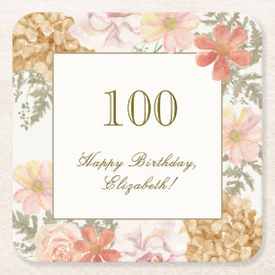 100th Birthday Coaster Autumn Colour Floral Ivory