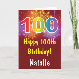 100th Birthday Colourful Rainbow Fireworks Red Card