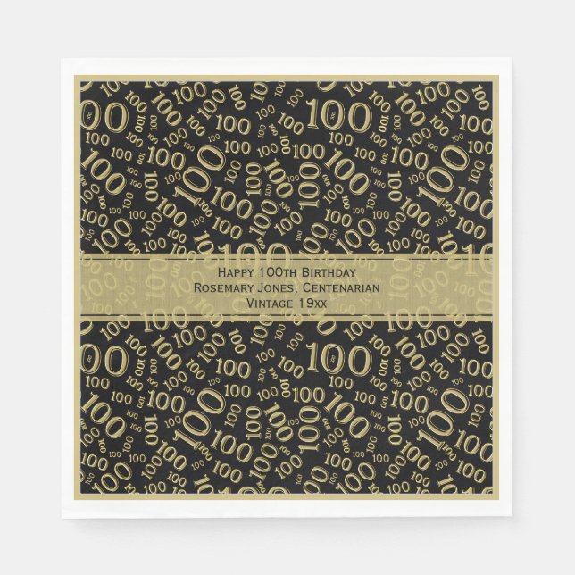 100th Birthday Cool Number Pattern Black/Gold Napkin (Front)