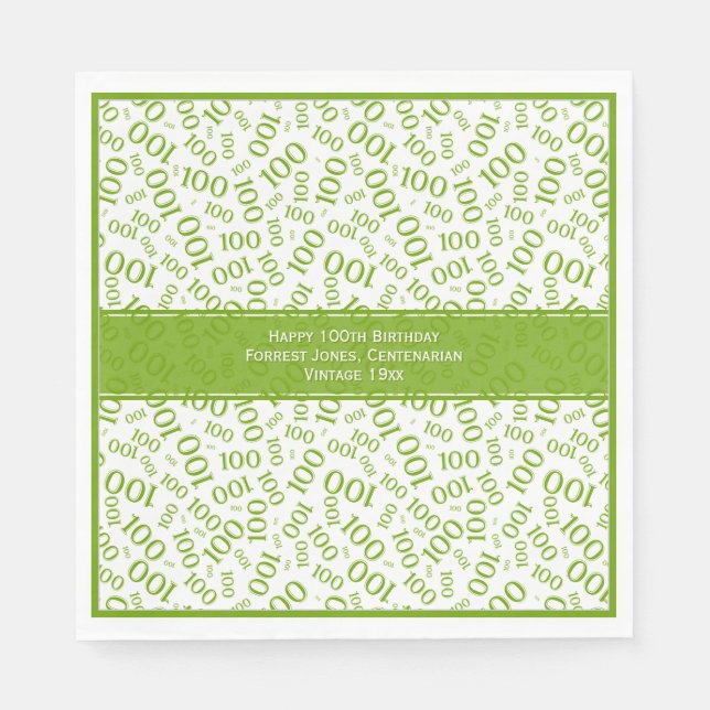 100th Birthday Cool Number Pattern Green/White Napkin (Front)