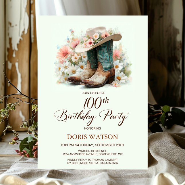 100th Birthday Cowgirl Boots and Hat Birthday Invitation (Creator Uploaded)