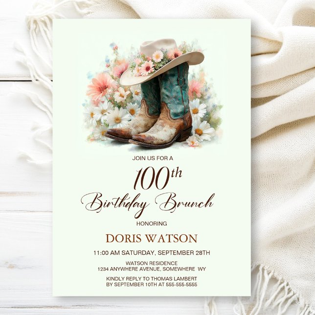 100th Birthday Cowgirl Boots Birthday Brunch Invitation (Creator Uploaded)