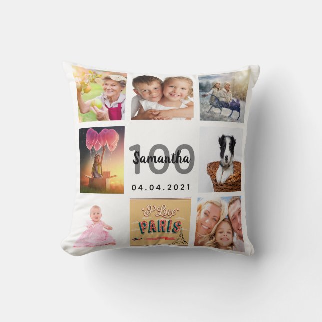 100th birthday custom photo collage woman white cushion (Front)