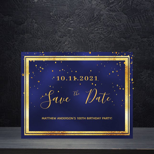 100th birthday dark blue gold save the date postcard (Creator Uploaded)