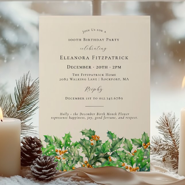 100th Birthday December Birth Month Flower Holly Invitation (Creator Uploaded)