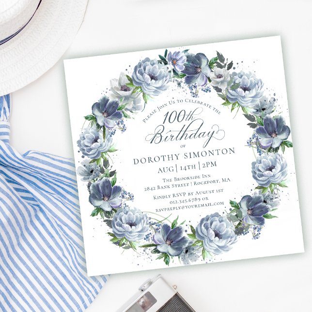 100th Birthday Dusty Blue Flower Wreath Invitation (Creator Uploaded)