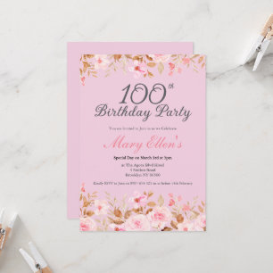 100th Birthday Elegant Feminine Pink Floral Party Invitation