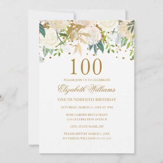 100th Birthday Elegant Gold Floral Invitation (Front)