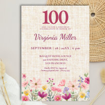 100th Birthday Elegant Pink Wildflower Linen Party