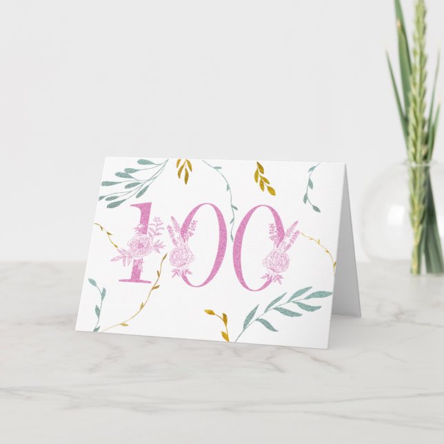 100th birthday faux glitter leaves pink white card (Front)