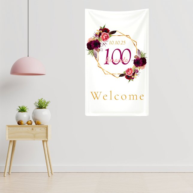 100th birthday floral geometric white burgundy banner (Creator Uploaded)
