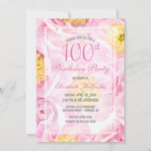 100th Birthday Floral Pink Peony Watercolor Party Invitation