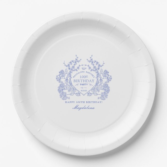 100th Birthday French Blue Floral Crest Custom Paper Plate (Front)