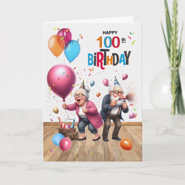 100th Birthday Funny Old Man and Woman Balloons Card (Front)