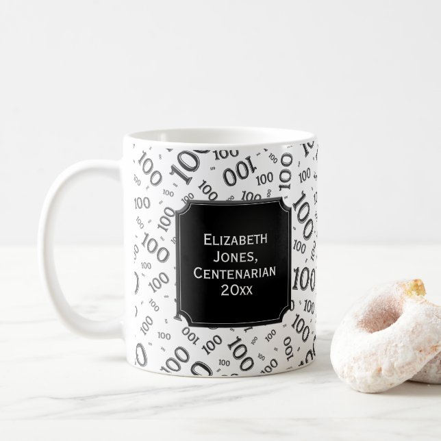 100th Birthday Gift Black Random Number Pattern Coffee Mug (With Donut)