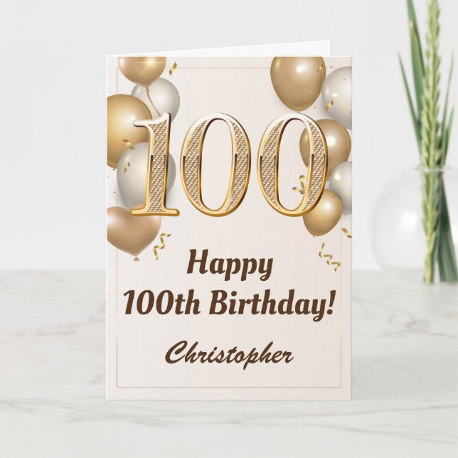100th Birthday Gold Balloons and Confetti Birthday Card (Front)