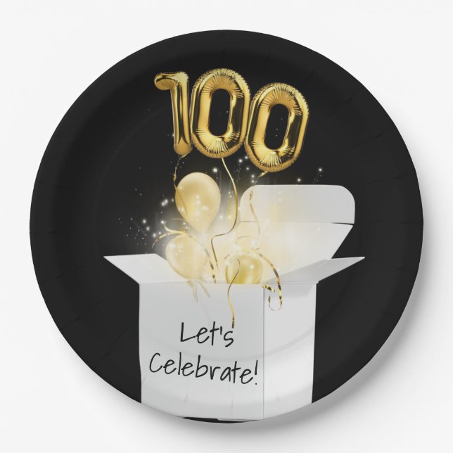 100th Birthday Gold Balloons In White Box    Paper Plate (Front)