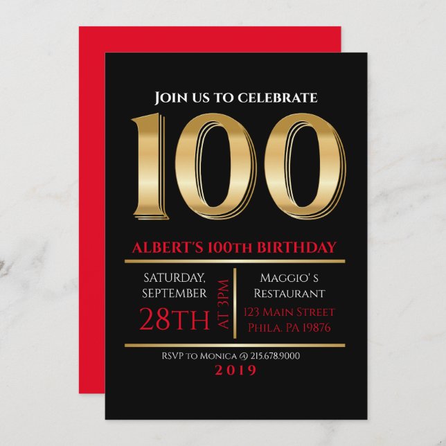 100th Birthday Gold Black Party Invitation (Front/Back)