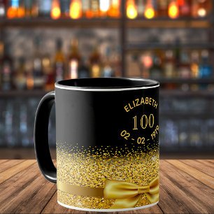 100th birthday gold bow black name sparkle age mug