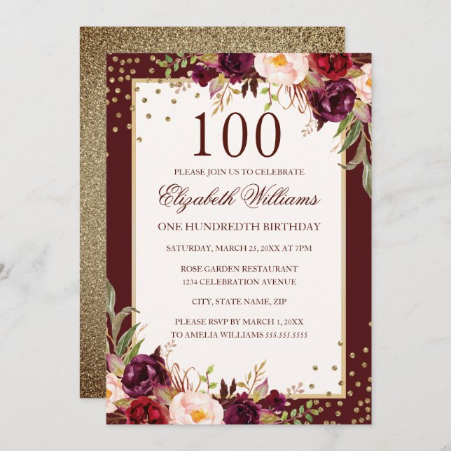 100th Birthday Gold Burgundy Floral Invitation (Front/Back)