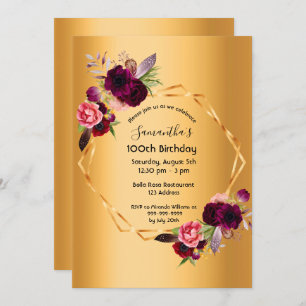 100th birthday gold burgundy florals geometric invitation