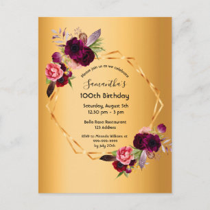 100th birthday gold burgundy florals invitation postcard