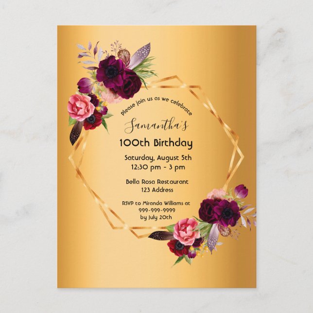 100th birthday gold burgundy florals invitation postcard (Front)