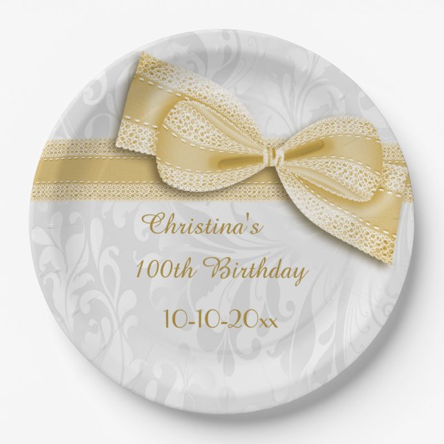 100th Birthday Gold Damask and Faux Bow Paper Plate (Front)