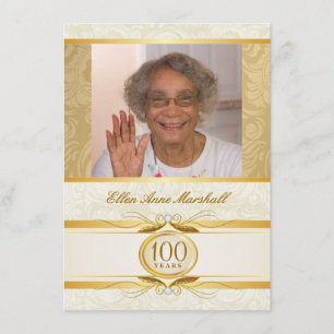 100th Birthday - Gold Damask Photo Invitation