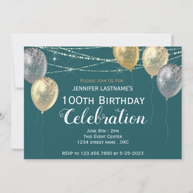 100th Birthday Gold Silver Glitter Balloons  Invitation (Front)