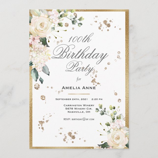 100th Birthday Gold Watercolor Floral Invitation (Front)