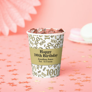 100th Birthday Gold/White Random Number Pattern Paper Cups