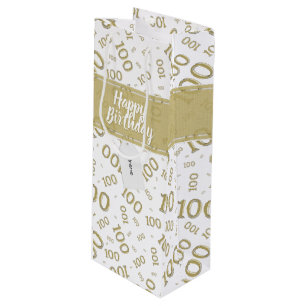 100th Birthday Gold/White Random Number Pattern Wine Gift Bag