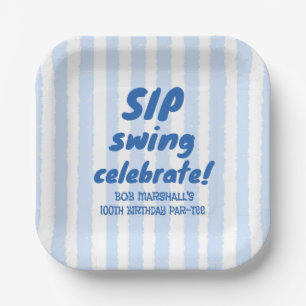 100th Birthday Golf Bold Blue Typography Stripes Paper Plate