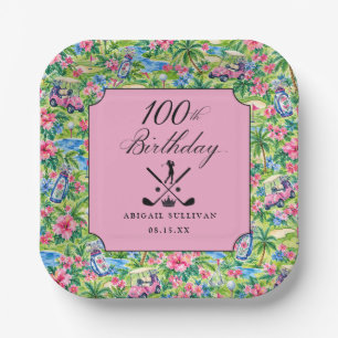 100th Birthday Golf Pink Green Preppy Print Paper Plate