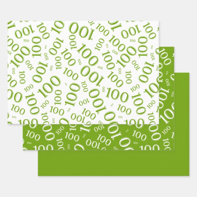 100th Birthday Green/White Number Pattern 100 Wrapping Paper Sheet (Set)